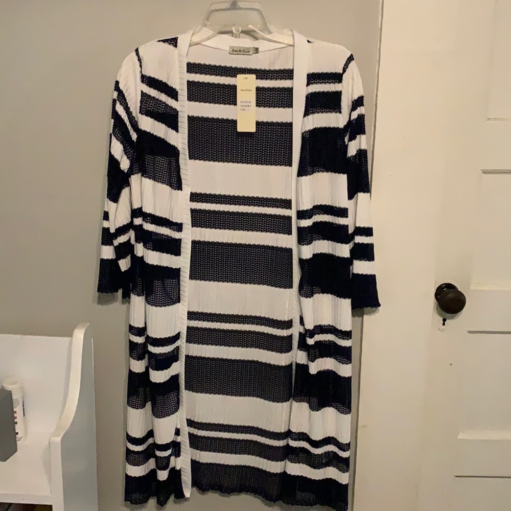 Sheer Navy and Striped Open Front Cover Up